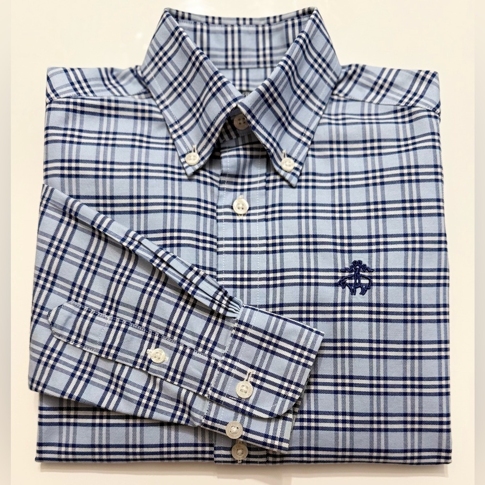 Brooks Brothers Boys Blue and White Non-Iron Oxford Plaid Sport Shirt - XS